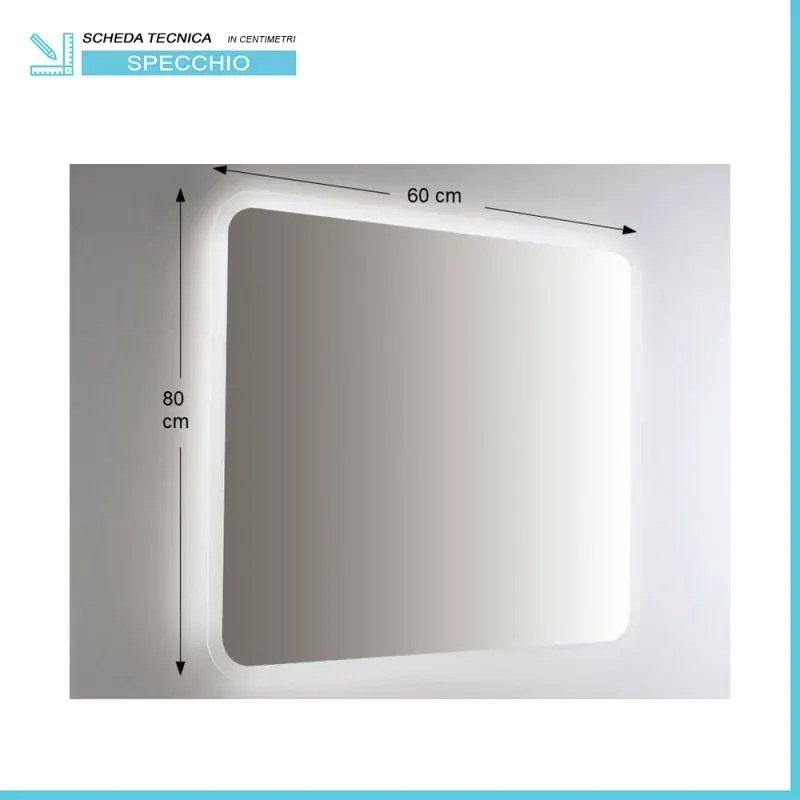 Specchio retroilluminato LED 80x60 installazione reversibile e angoli tondi
