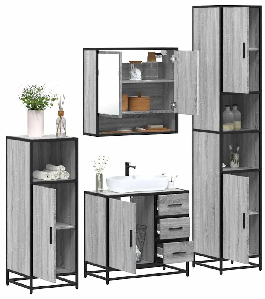 Set Mobili Da Bagno 4 Pz Grigio Sonoma İn Legno Multistrato /