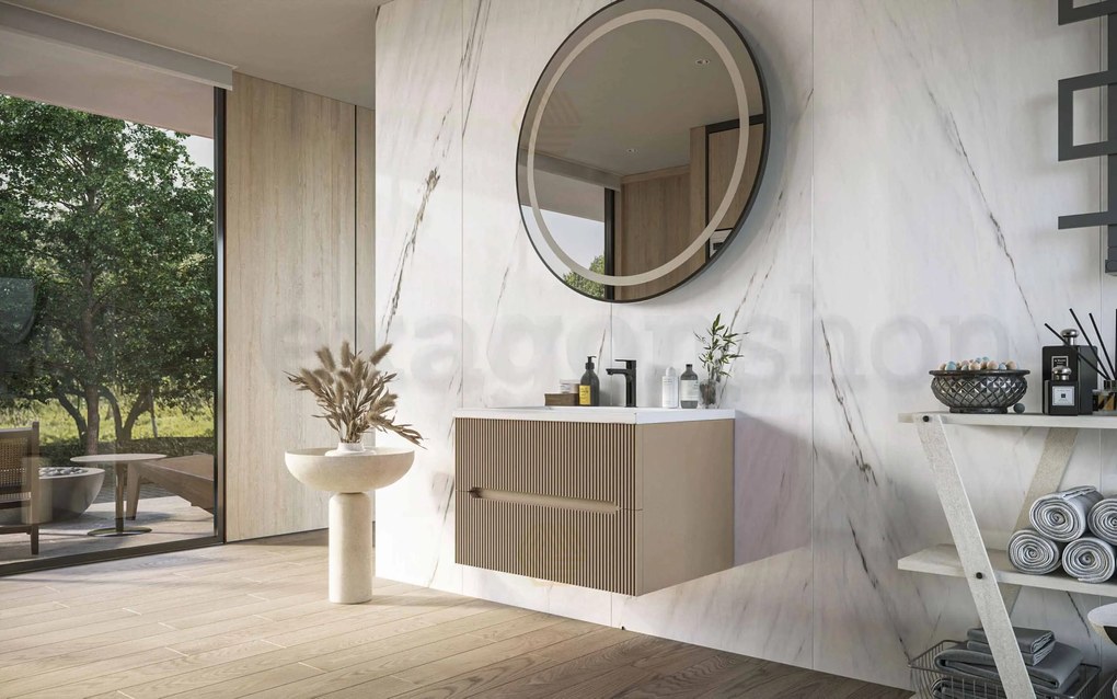 Mobile bagno tortora opaco 70x46 cannettato Urbino due cassetti con lavabo in ceramica frontale