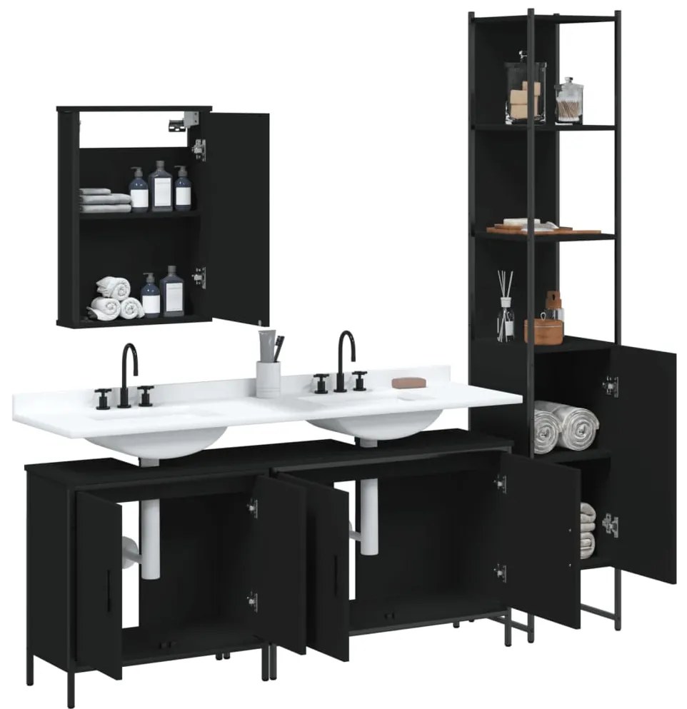 Set mobili da bagno 4 pz nero in legno multistrato