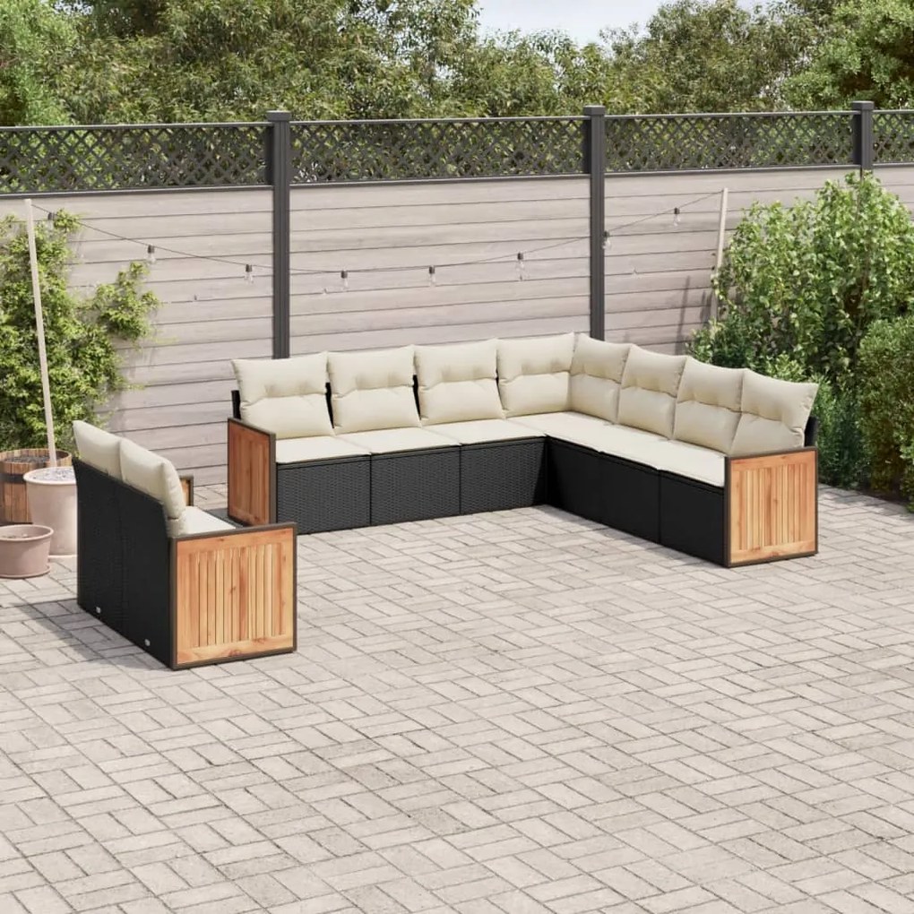 Set divani da giardino 9 pz con cuscini nero in polyrattan