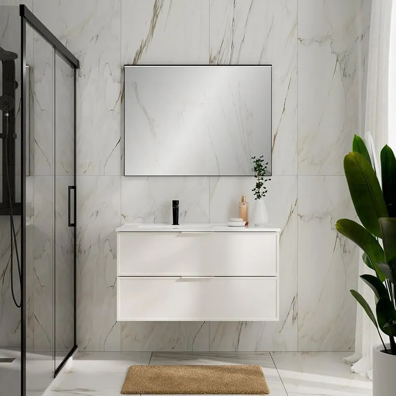 Mobile Quadra L100 H55 P45 bianco opaco laccato con lavabo in ceramica vasca SX base con 2 cassetti a chiusura ammortizzata