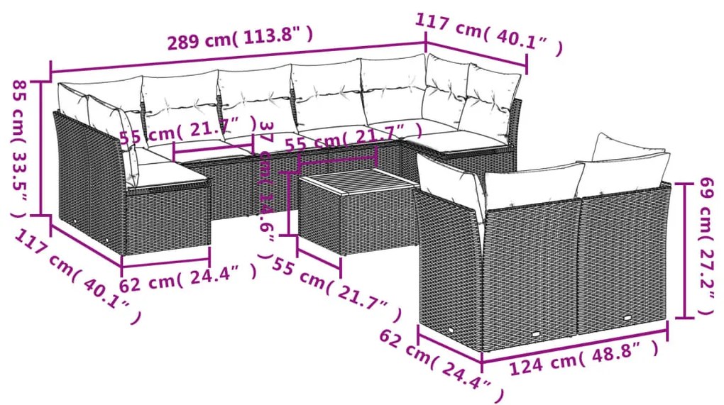 Set divani da giardino 10pz con cuscini in polyrattan nero