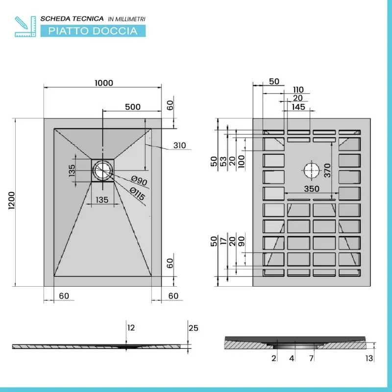Piatto doccia filo pavimento Karen 100x120 in resina bianco pietra