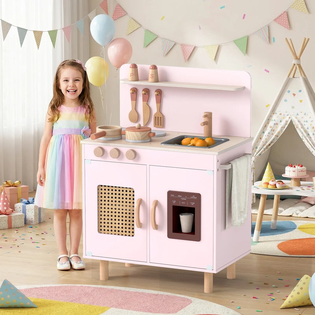 Costway Cucina giocattolo per bambini in legno con ghiacciaio e fornello realistici, Set cucinetta con lavello acqua e spazio di stoccaggio per 3+ anni 2 Colori