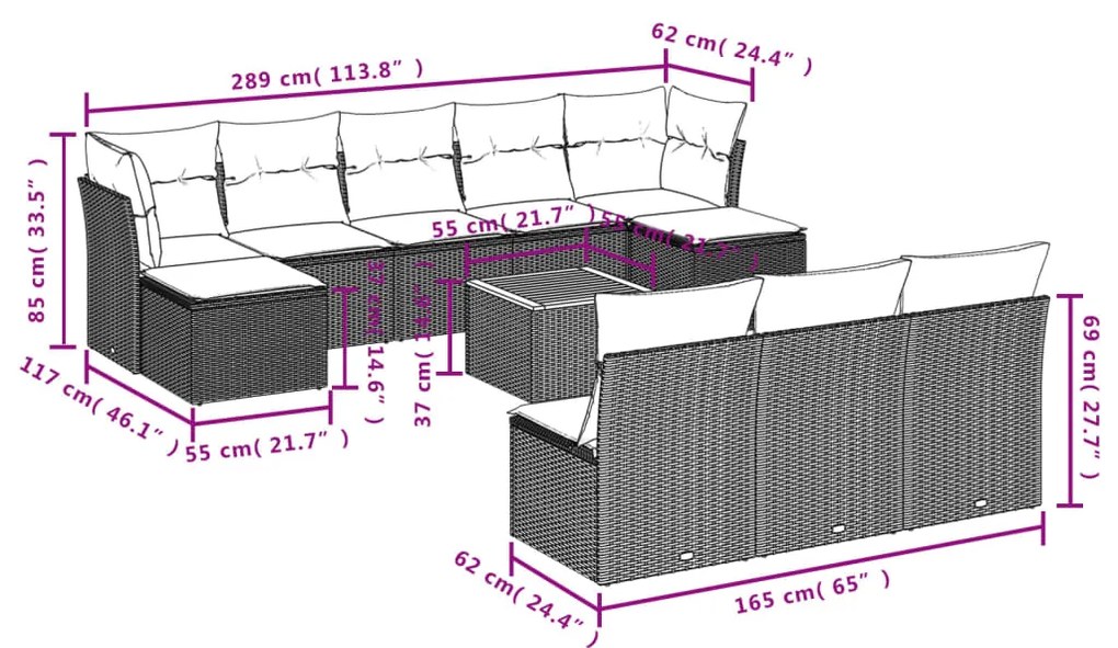 Set divani da giardino 11 pz con cuscini in polyrattan nero