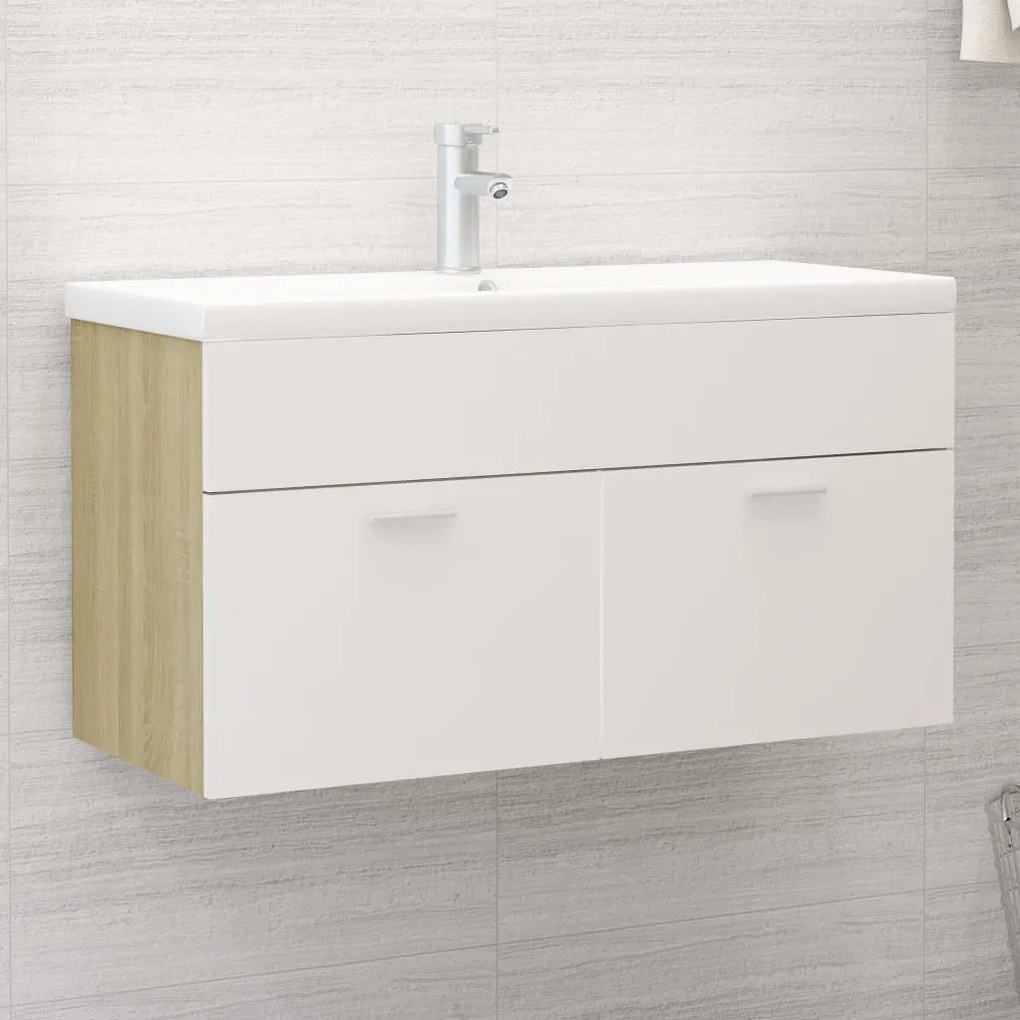 Mobile Da Bagno Con Lavabo Bianco E Rovere Sonoma İn Truciolato /