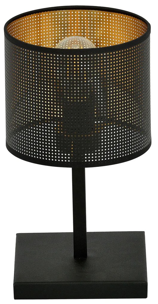 Lampada Da Tavolo 1 Luce Cigno In Acciaio Nero E Paralume A Cilindro Oro