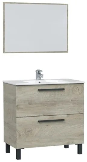 Mobile Bagno Completo Di Lavabo In Ceramica E Specchio Athena 80 Cm 2 Cassetti Rovere Alaska