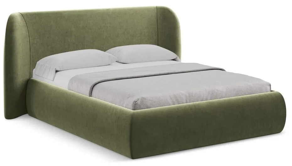 Letto matrimoniale imbottito verde con contenitore con griglia 160x200 cm Hauke - Makamii