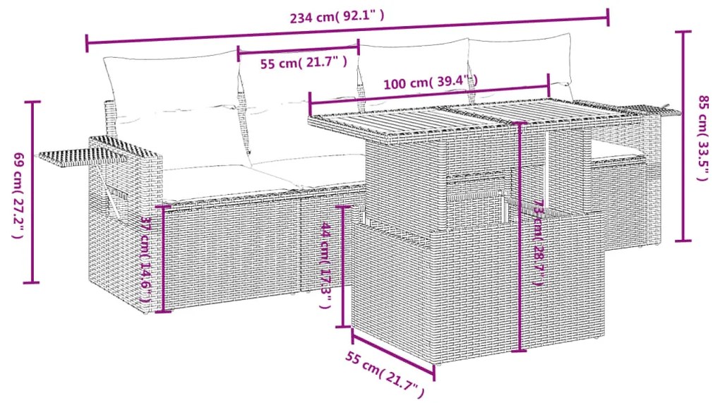 Set divani da giardino 5 pz con cuscini in polyrattan nero