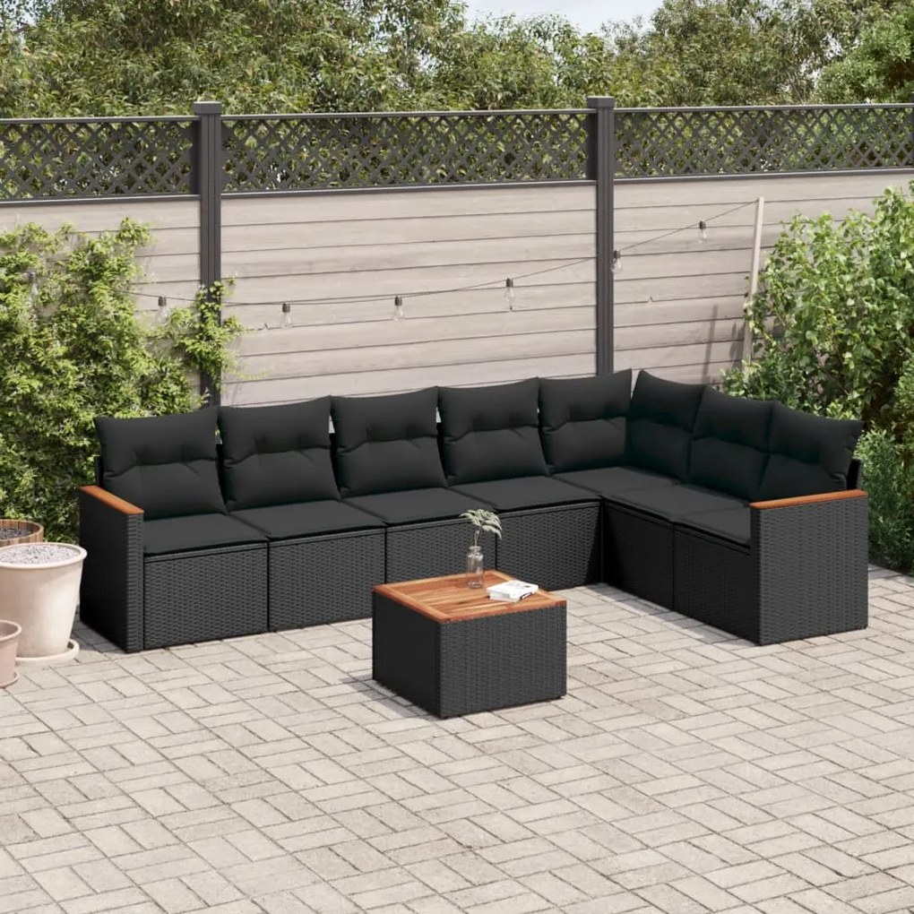 Set divani da giardino con cuscini 8 pz nero in polyrattan