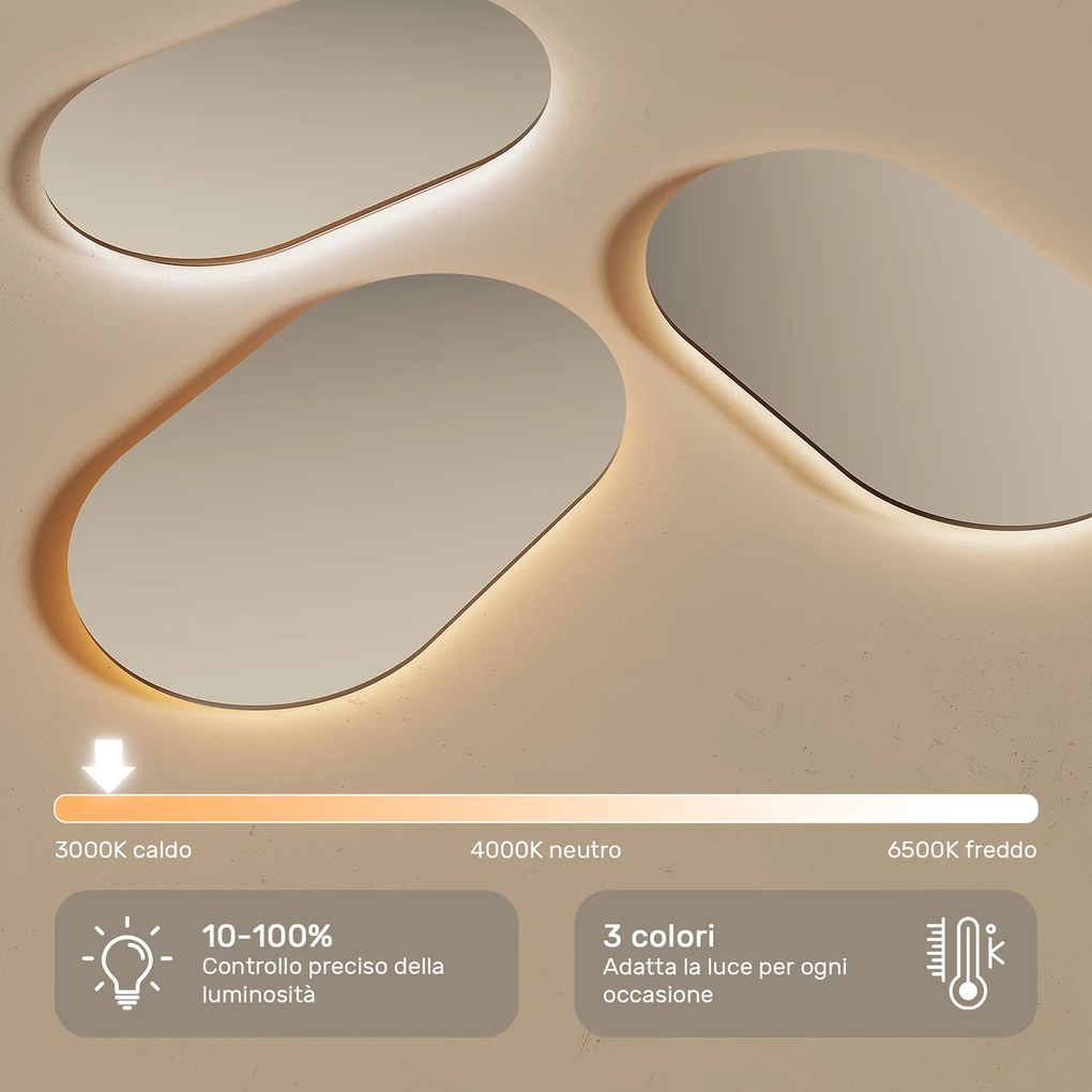 Specchio ovale con retroilluminazione LED – 50x80/50x100 cm con cornice in alluminio argento