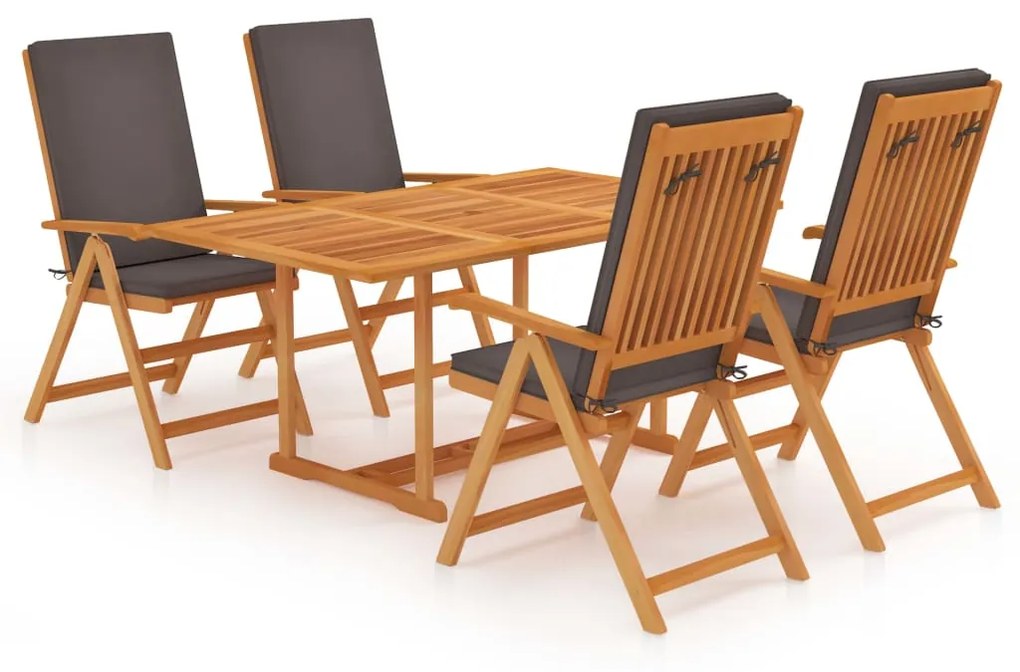 Set da pranzo da giardino 5 pz con cuscini grigi legno di teak