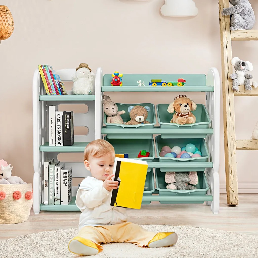 Costway Organizer per giocattoli con scatole per bambini, Scaffale multilivello in plastica con libreria Verde