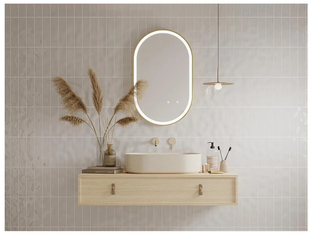 Specchio per bagno luminoso ovale antiappannamento con contorno Dorato 50 x 80 cm - ALARICO