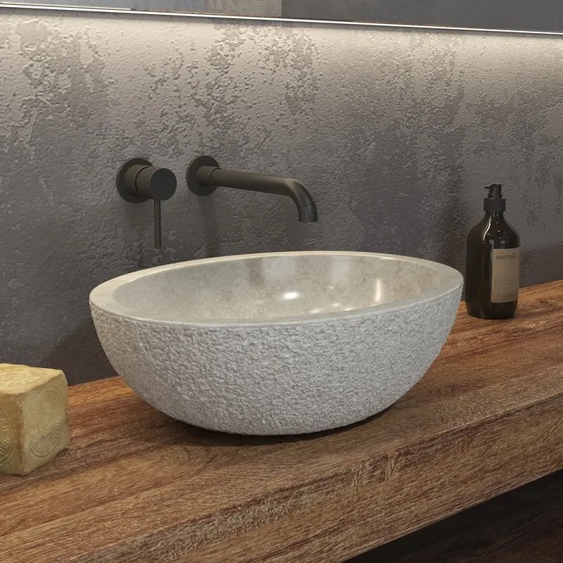 Kamalu - Lavabo bagno in marmo bocciardato colore crema 45cm Litos-LBC40