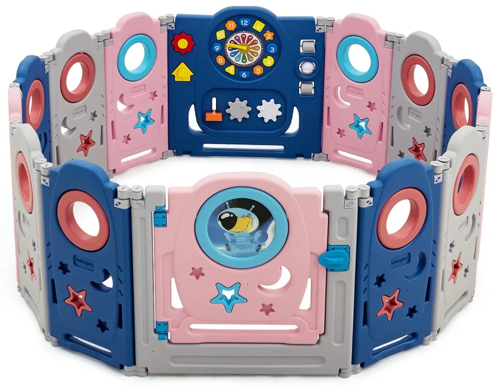 Costway Box multifunzionale con 14 pannelli e giocattoli educativi per bambini, Recinto portatile Blu e rosa