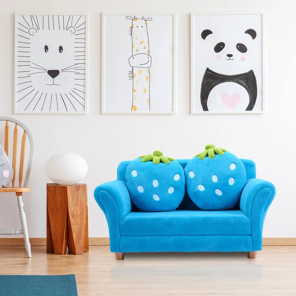 Costway Divano per bambini con cuscini Poltrona per bimbi morbido a forma di fragola 90x55x48cm Blu