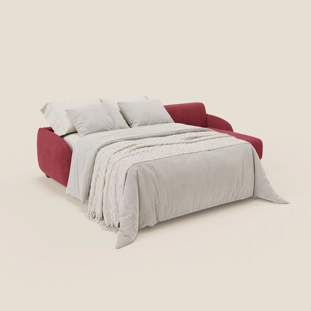 Giglio divano letto angolare con materasso alto 18 cm e penisola contenitore in morbido bouclé impermeabile T07 rosso