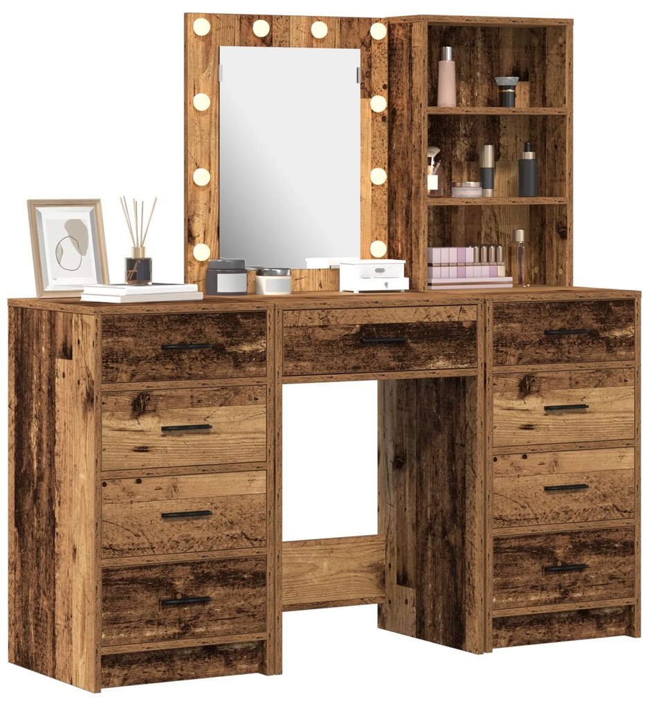 Set tavolo trucco 3 pezzi con led legno antico