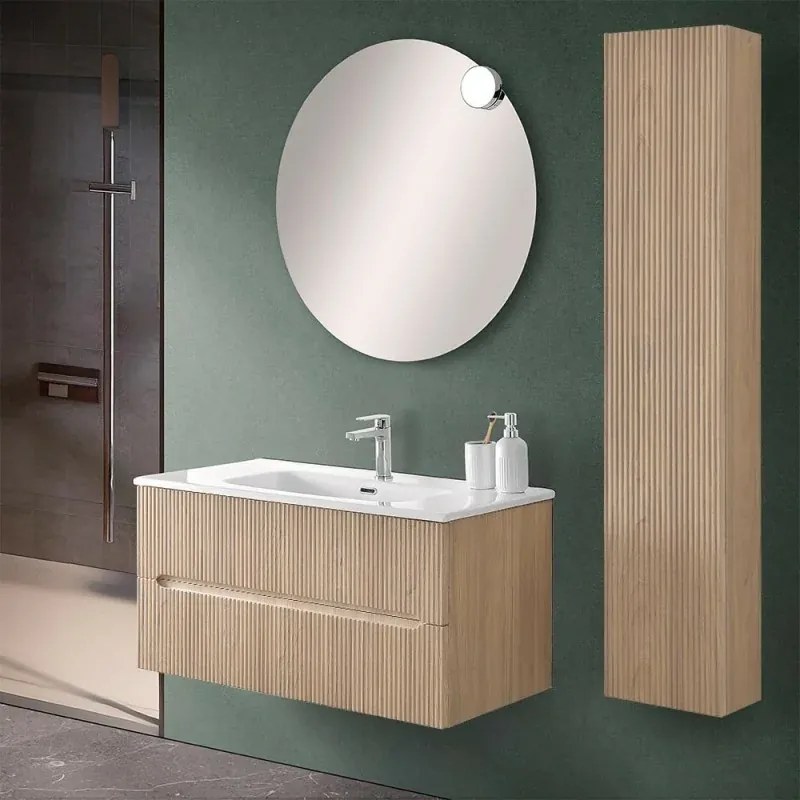 Mobile bagno sospeso cannettato 90 cm rovere chiaro con specchio Bali
