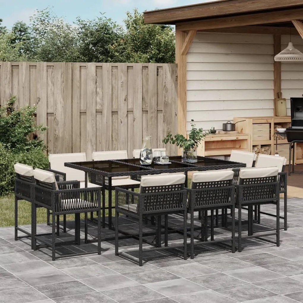 Set da pranzo da giardino 11 pz con cuscini in polyrattan nero