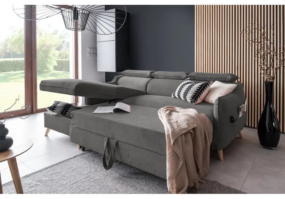 Divano letto angolare in velluto grigio scuro (angolo sinistro) Sweet Harmony - Miuform