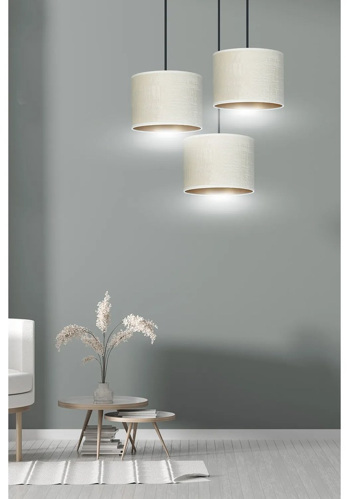 Lampadario Tondo 3 Luci Ganesha In Acciaio Nero E Paralumi In Tessuto Beige
