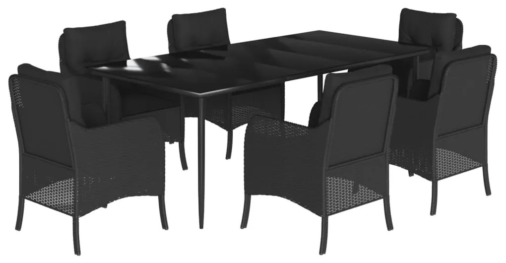 Set da pranzo da giardino 7 pz nero con cuscini in polyrattan