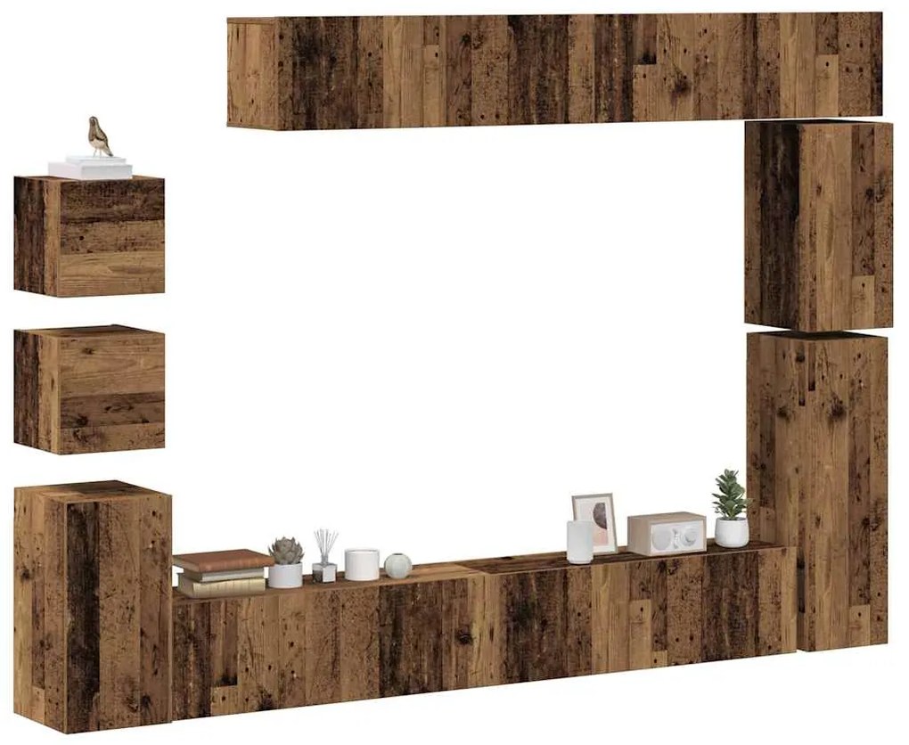 Set Mobile Tv 9 Pz Montato A Parete Legno Antico İn Truciolato /