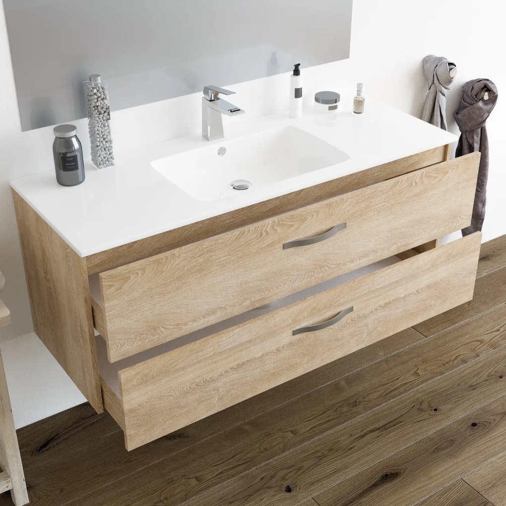 Mobile bagno LINDA120 Rovere Chiaro 8220 con lavabo in ceramica - CON LUCE LED