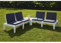 Set salotto da esterno Vigevano, Set da giardino con cuscini composto da 2 poltrone con cuscini e 1 tavolino, Salottino indoor, 100% Made in Italy, Cm 130x65h70, Bianco