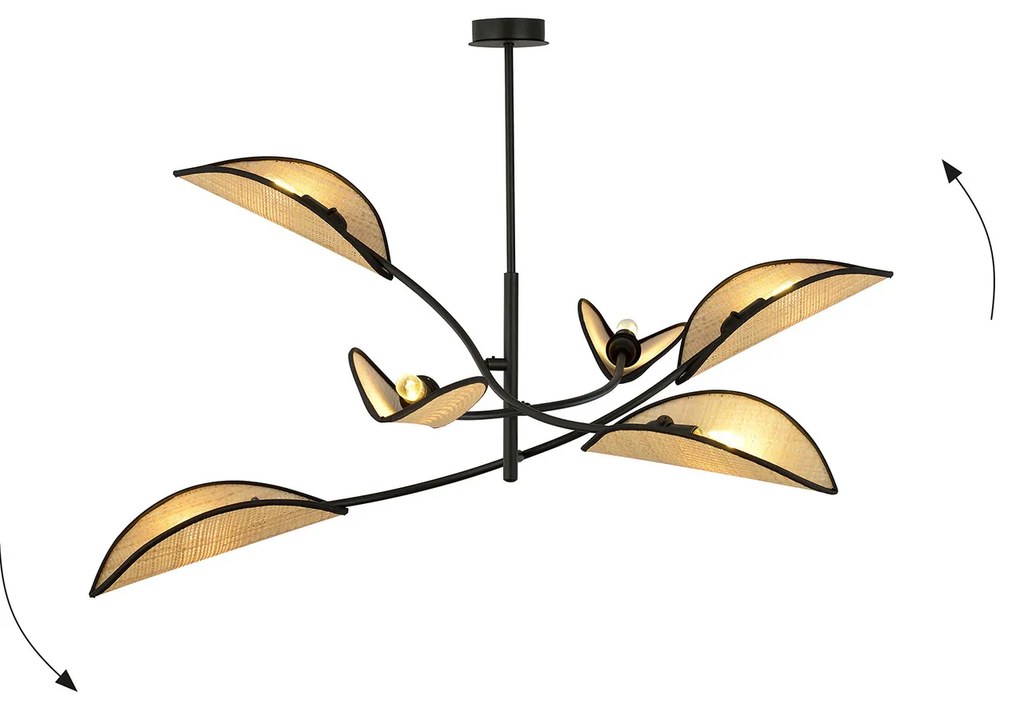 Sospensione Nordica 6 Luci Ares In Acciaio E Rattan Con Bracci Regolabili