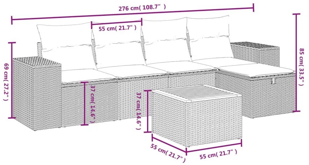 Set divano da giardino 6 pz con cuscini beige misto polyrattan