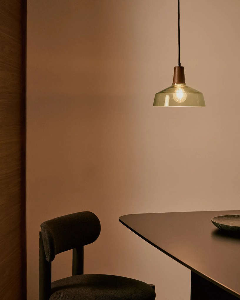 Kave Home - Lampada a soffitto Silex di vetro verde e legno di noce Ã˜ 40 cm