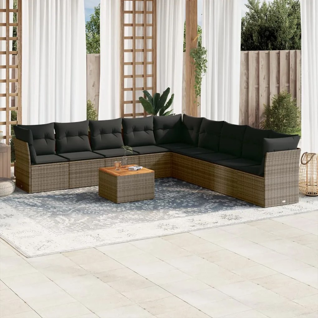 Set Divano da Giardino 10 pz con Cuscini Grigio in Polyrattan