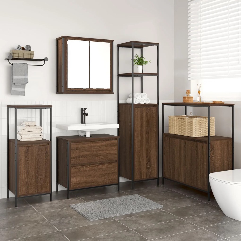 Set di mobili per il bagno in legno ingegnerizzato rovere da 5 pezzi