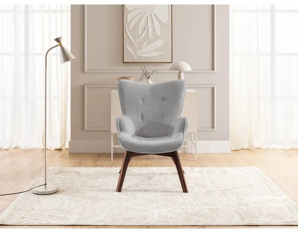 Poltrona con poggiapiedi grigia con rivestimento in velluto a coste Niko – Ropez