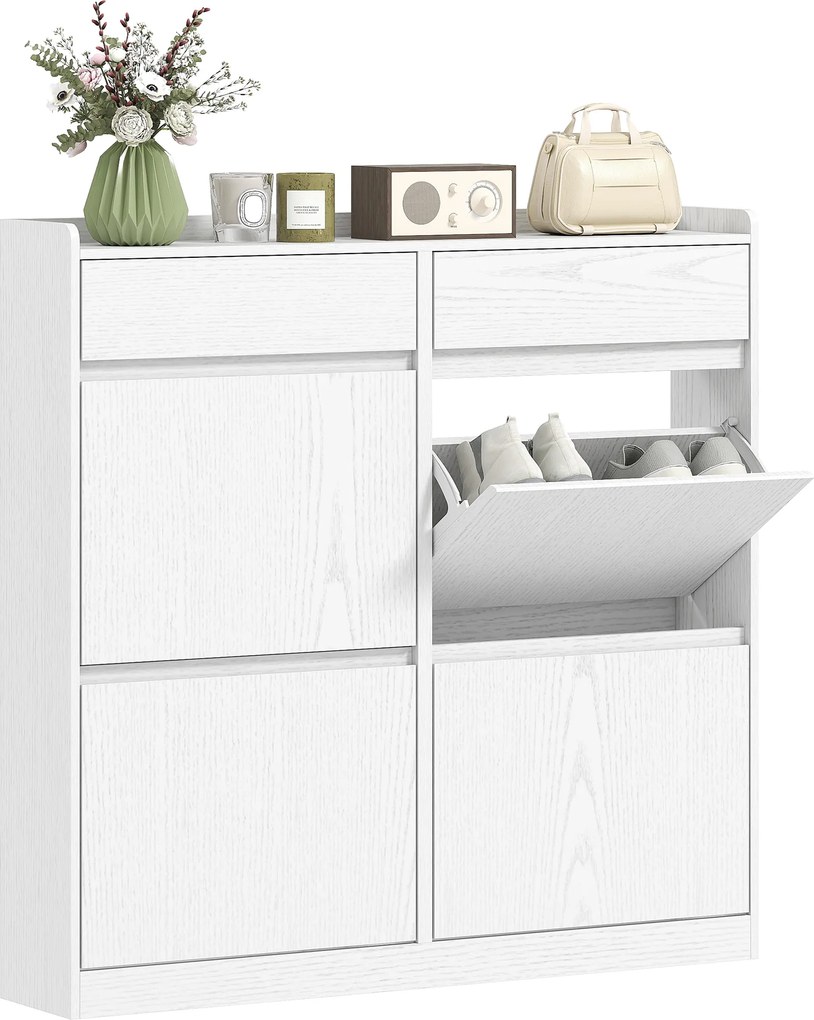 Scarpiera Slim 98x19,2x95,3 cm con 4 Ante a Ribalta e 2 Cassetti in Legno Bianco...