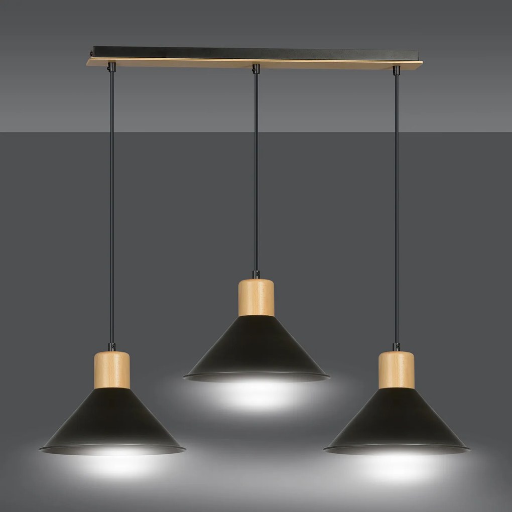 Sospensione Nordica 3 Luci Chandra In Acciaio Nero E Legno