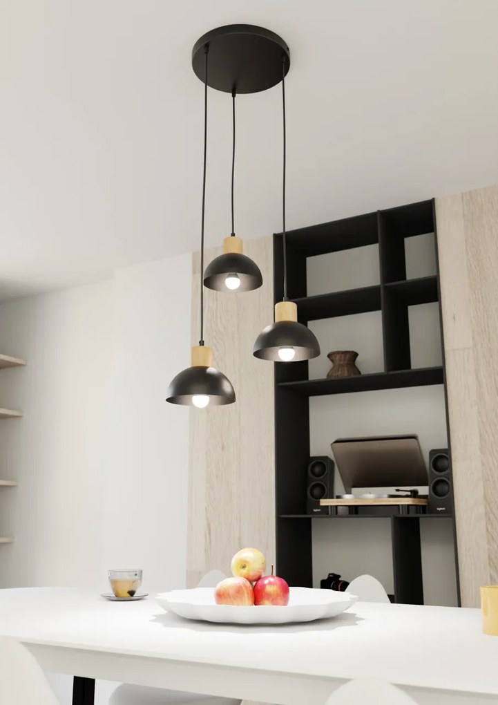Lampada a sospensione SECO 3 PREMIUM in acciaio e legno 3xE27 Nero
