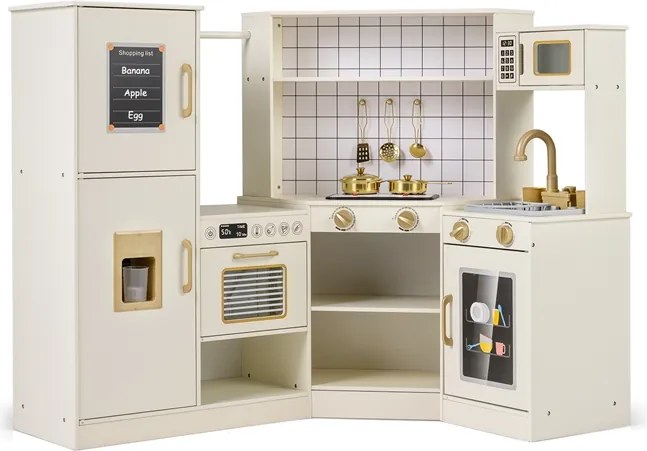 Costway Cucina gioco bambini angolare distributore ghiaccio fornelli forno microonde, Cucina lavastoviglie rubinetto accessori ricchi legno 3+ anni