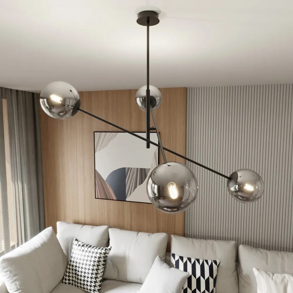 Lampadario a Sospensione in Acciaio e Vetro LINEAR 4 Nero 4xE14 Colore delle Sfere Grafite