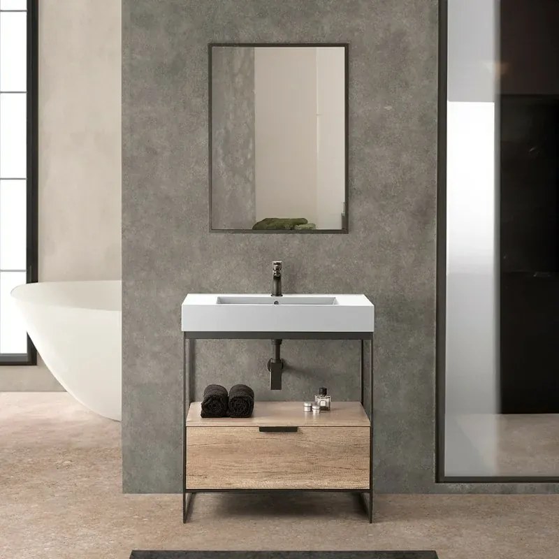 Mobile bagno a terra 75 cm nero con lavabo bianco e specchio Kubic