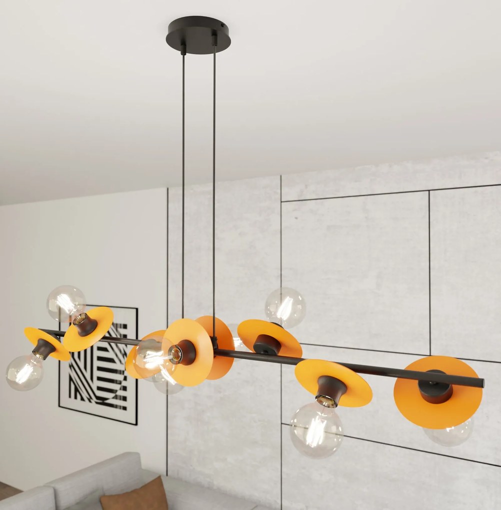 Lampadario 8 Luci Token In Acciaio Nero E Arancio Con Barra E Diffusori A Piatti