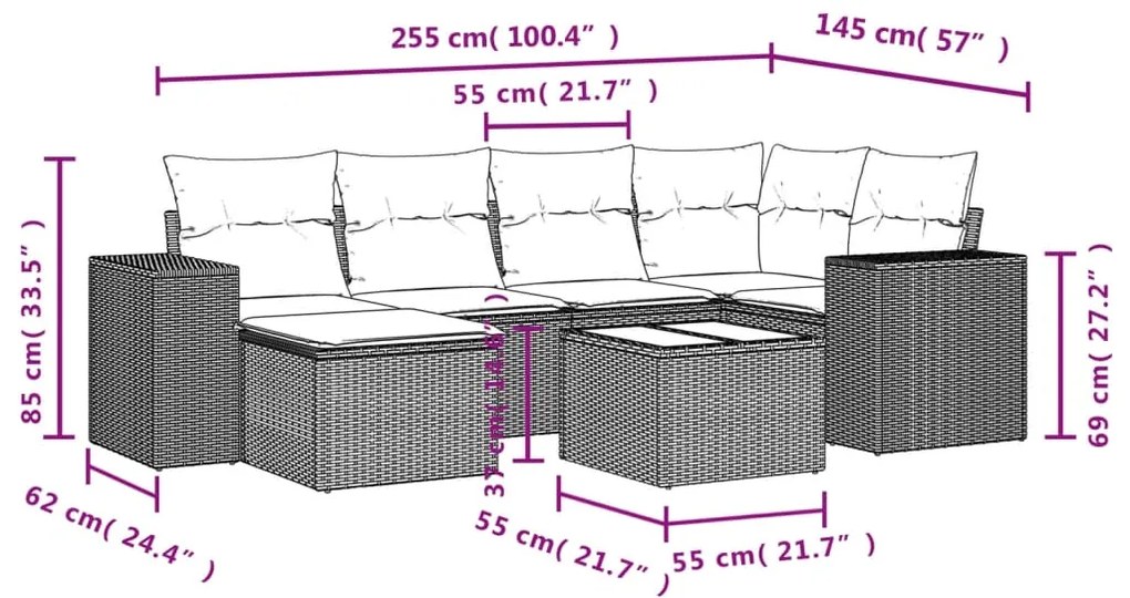 Set divani da giardino 7 pz con cuscini beige in polyrattan