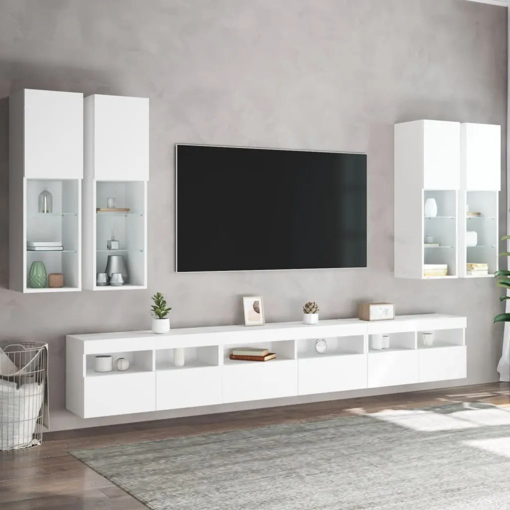 Set Mobili TV a Muro 7 pz con Luci LED Bianco