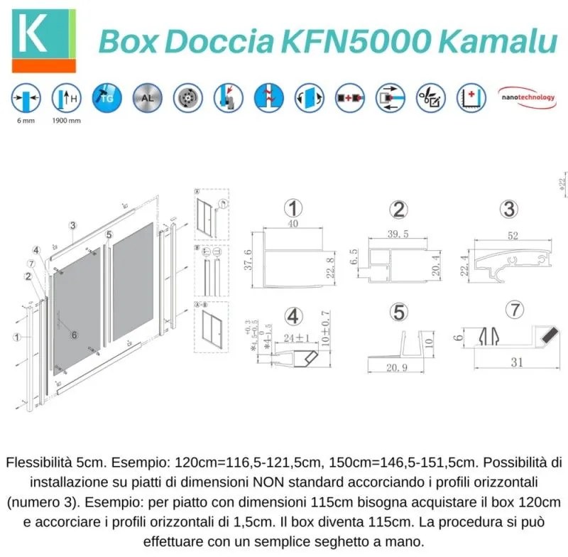 Kamalu - Porta doccia nicchia 100cm telaio colore nero anticalcare KFN5000