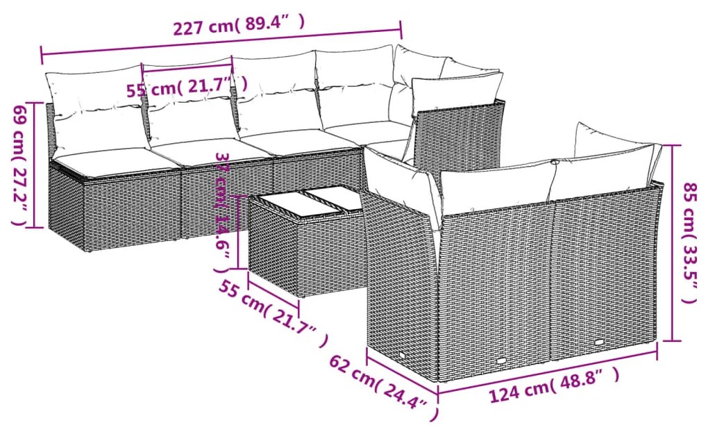 Set divano da giardino 8 pz con cuscini beige in polyrattan